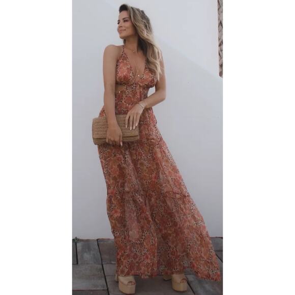 Tierra Maxi Dress in Peach Leopard Floral Tularosa NWT M ES - Picture 2 of 5